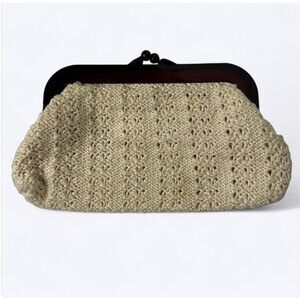 Vintage Cream Crochet Clutch Plastic Kiss Lock Clasp Hong Kong Lined Boho Hippie
